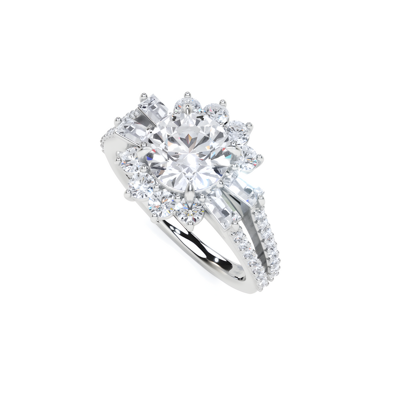 Round Cut with side Baguette's Diamond Engagement Ring