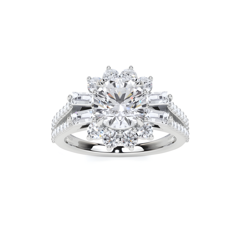 Round Cut with side Baguette's Diamond Engagement Ring