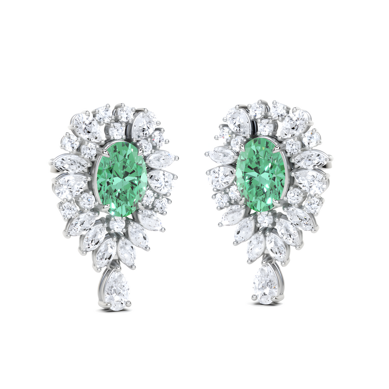 Emerald Oval Cut and White Diamond  High Jewellery Earrings