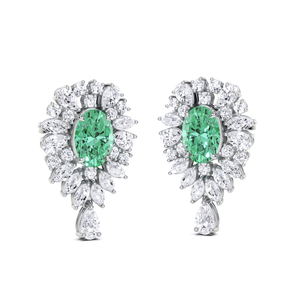 Emerald Oval Cut and White Diamond  High Jewellery Earrings