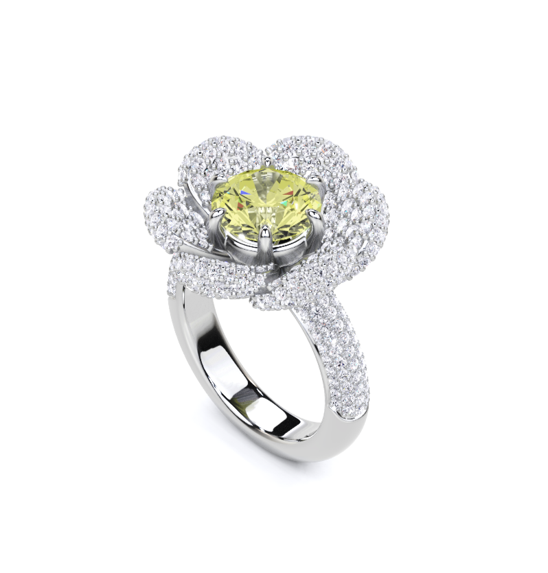 Fancy Flower Yellow Round Cut White  Diamond Ring