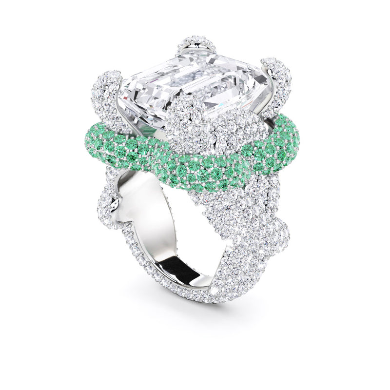 Emerald Cut White Diamond and Emerald High Jewellery Ring