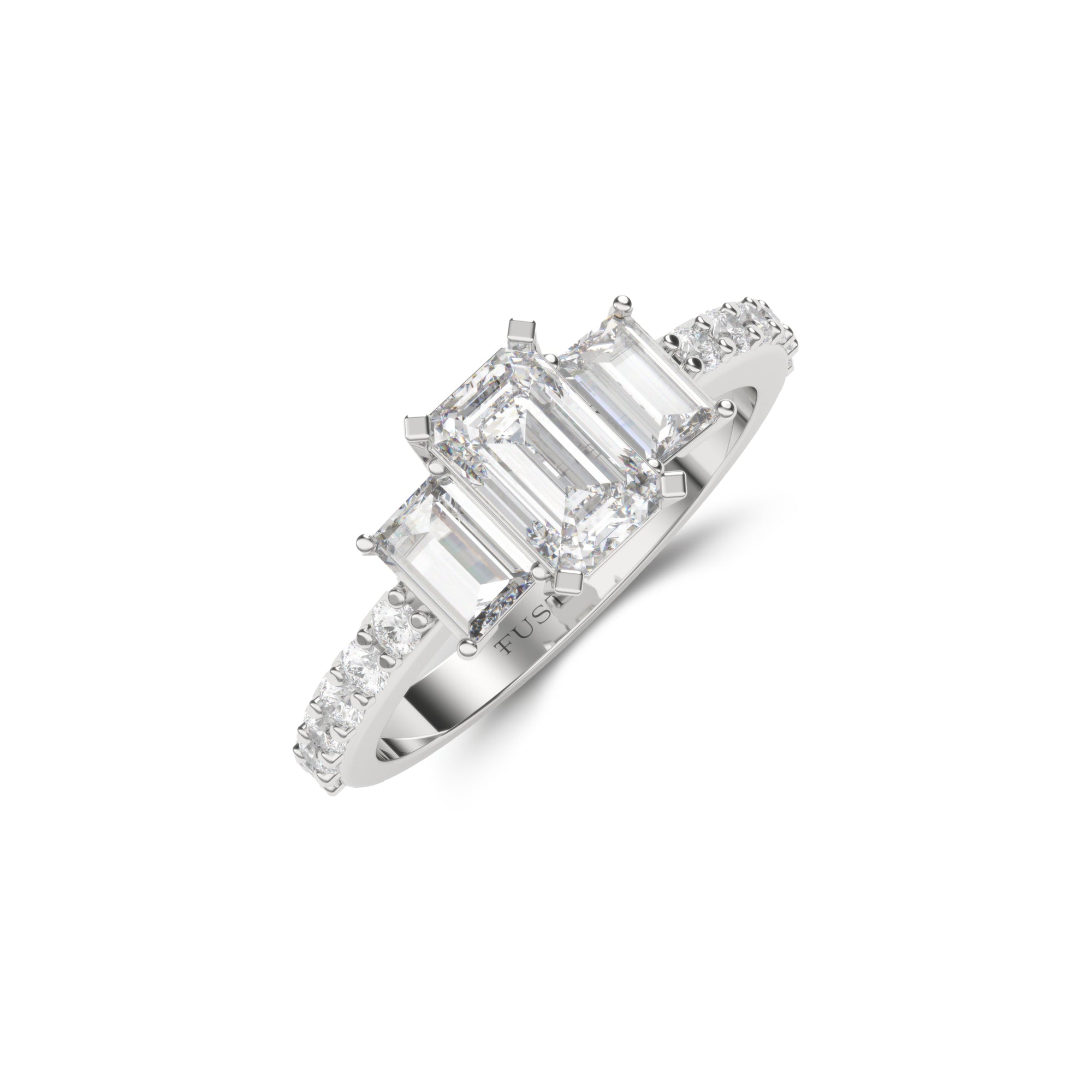 Flame Emerald Cut With Two Side Baguette Diamond Engagement Ring