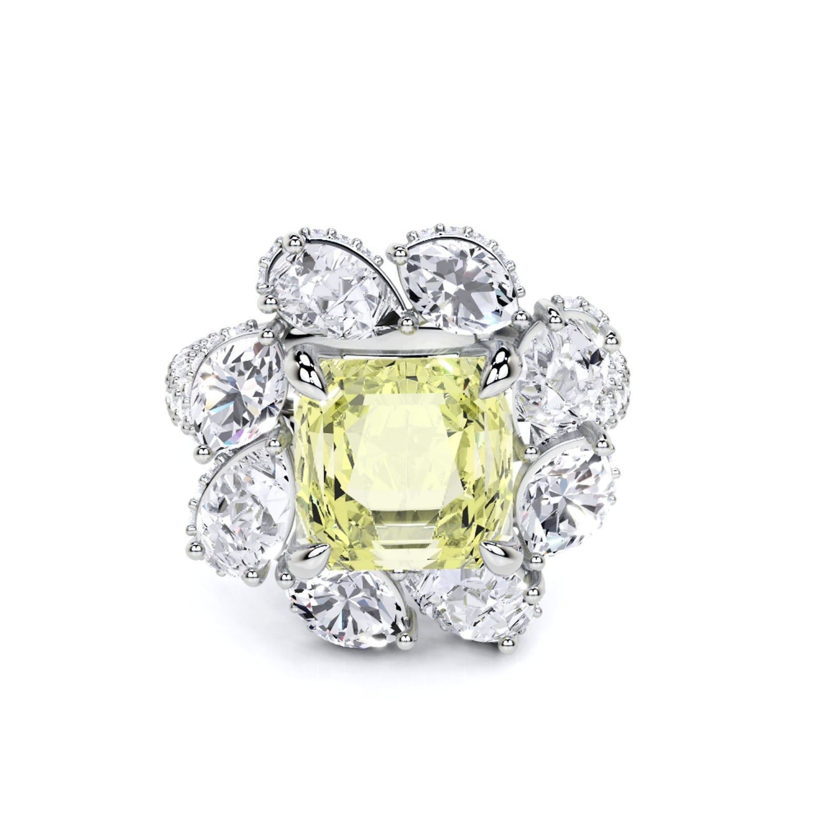 Fancy Yellow Emerald Square Cut Diamond and  White Diamond Fuster Exclusive Ring