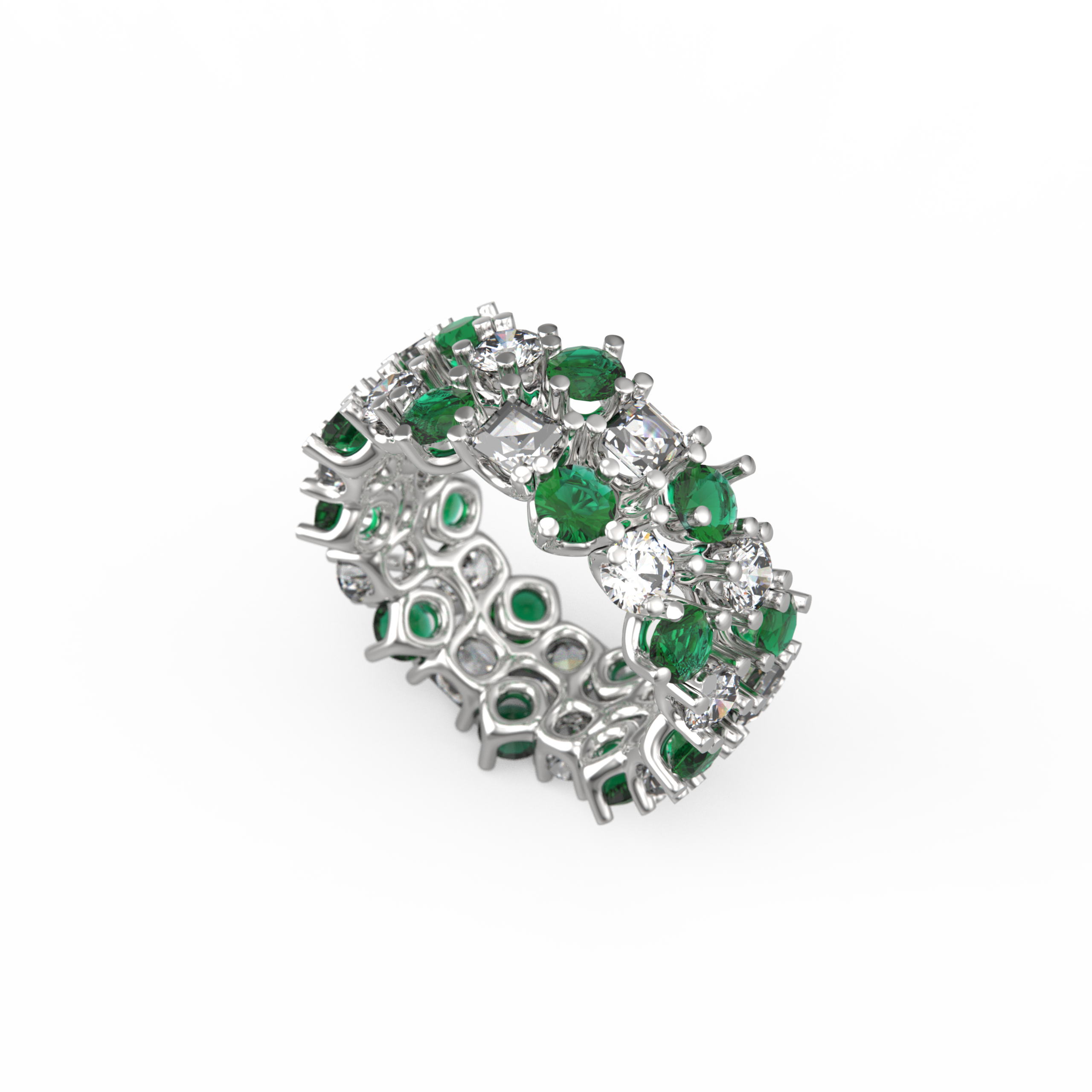 Classic Two Row Crown Emerald and Diamond Ring