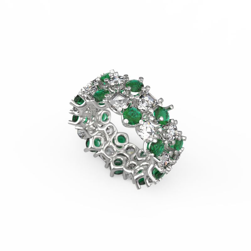 Classic Two Row Crown Emerald and Diamond Ring