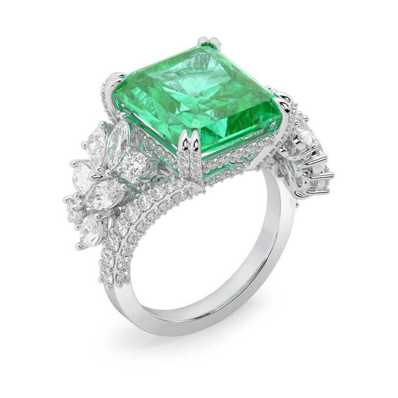 Emerald Radiant Cut and Diamond  High Jewellerly Ring